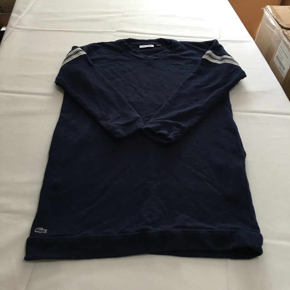 Lacoste Sweatshirt Dress Womens 38 Navy Blue V-Neck Varsity Stripe